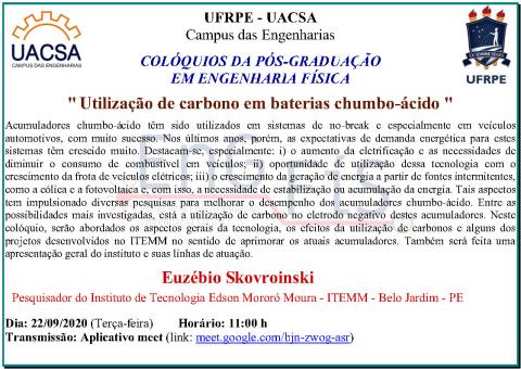 Colóquios da Pós-Graduação em Engenharia Física – 22/09/2020