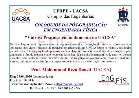 Colóquios da Pós-Graduação em Engenharia Física – 27/04/2020 (TRANSMISSÃO ON-LINE) Colóquios da Pós-Graduação em Engenharia Física – 27/04/2020 (TRANSMISSÃO ON-LINE)